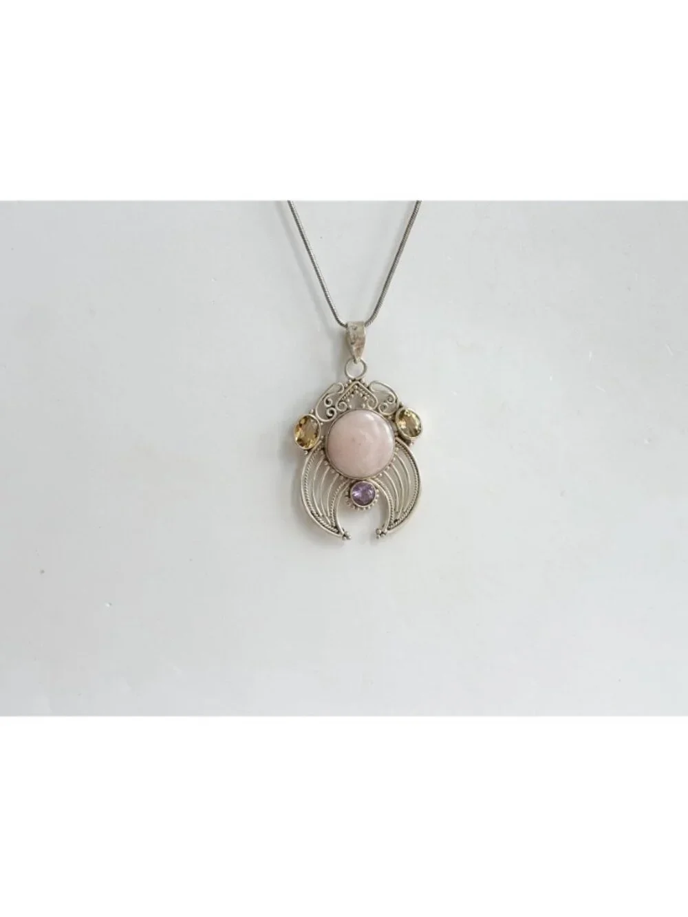 Rose Quartz Amethyst & Citrine Sterling Silver 925 Vintage Pendant Necklace 20